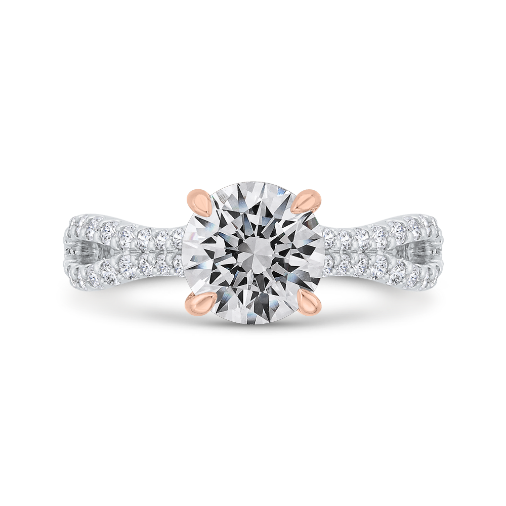 round cut diamond engagement ring with split shank in 14k two tone gold (semi mount)