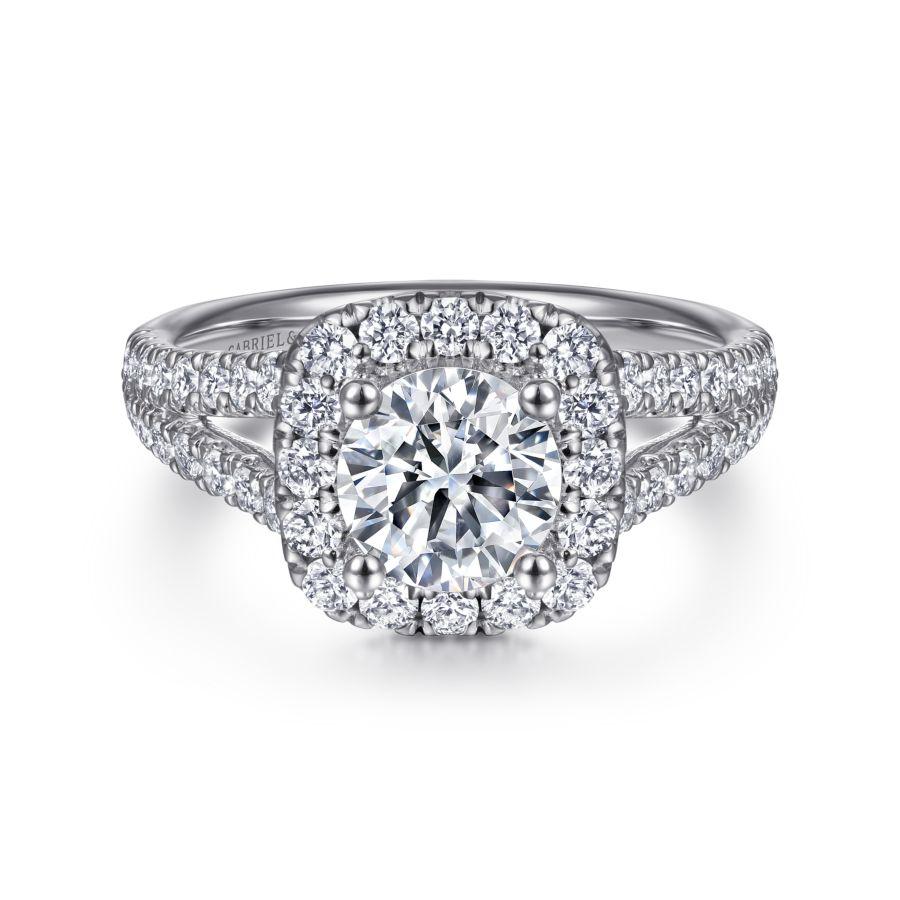 14k white gold cushion halo round diamond engagement ring