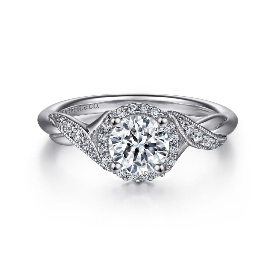 vintage inspired 14k white gold round halo diamond engagement ring