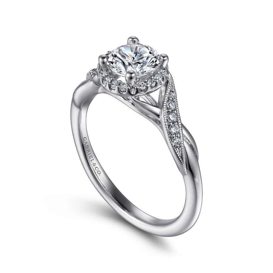 vintage inspired 14k white gold round halo diamond engagement ring