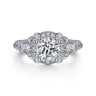 vintage inspired 14k white gold fancy halo round diamond engagement ring