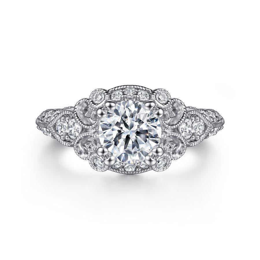 vintage inspired 14k white gold fancy halo round diamond engagement ring