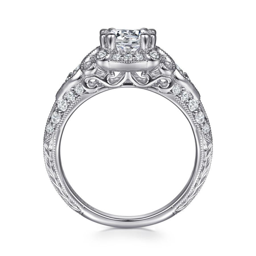 vintage inspired 14k white gold fancy halo round diamond engagement ring