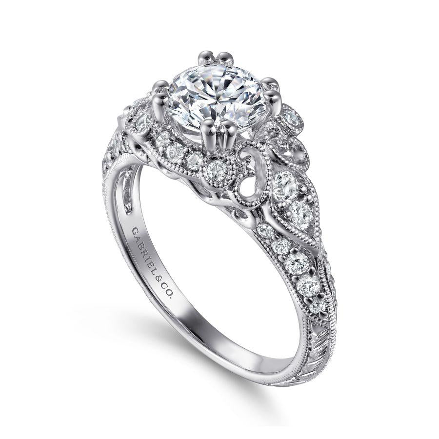 vintage inspired 14k white gold fancy halo round diamond engagement ring