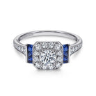 vintage inspired 14k white gold round halo sapphire and diamond engagement ring