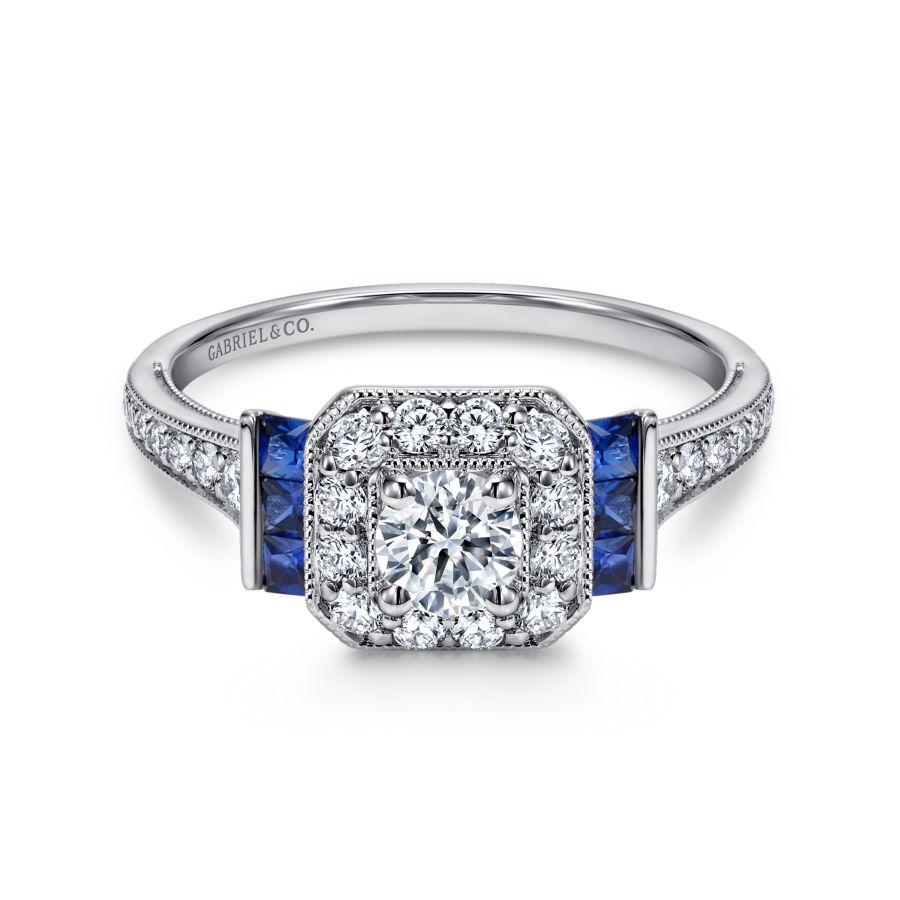 vintage inspired 14k white gold round halo sapphire and diamond engagement ring