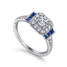 vintage inspired 14k white gold round halo sapphire and diamond engagement ring