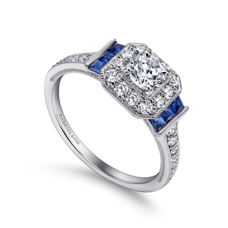 vintage inspired 14k white gold round halo sapphire and diamond engagement ring