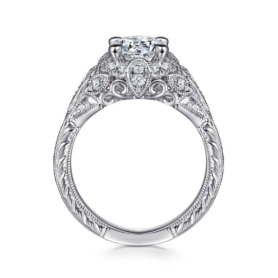unique 14k white gold vintage inspired diamond halo engagement ring