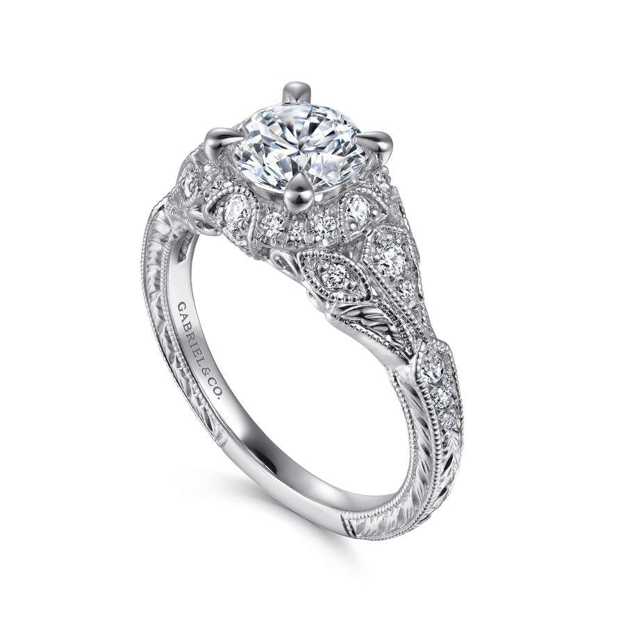 unique 14k white gold vintage inspired diamond halo engagement ring