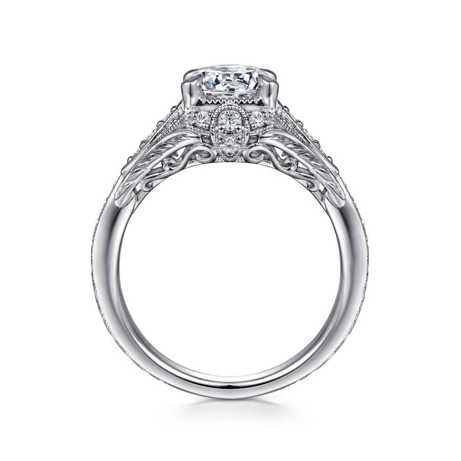 unique 14k white gold vintage inspired diamond halo engagement ring