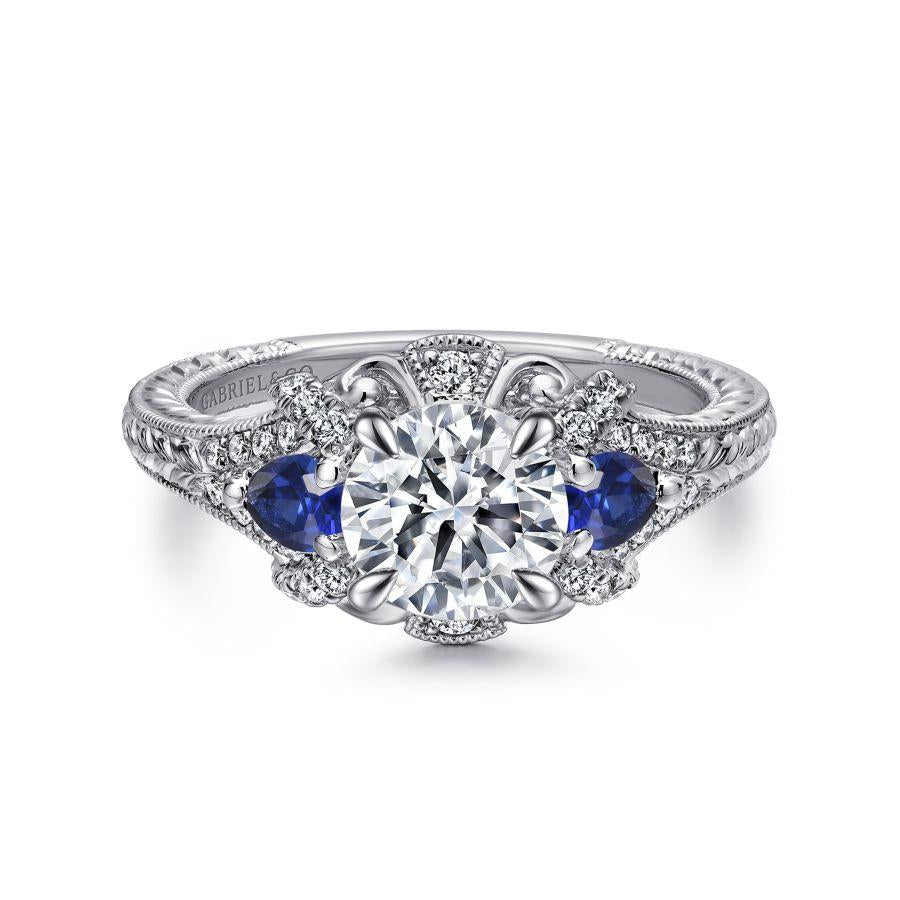 14k white gold round sapphire and diamond engagement ring