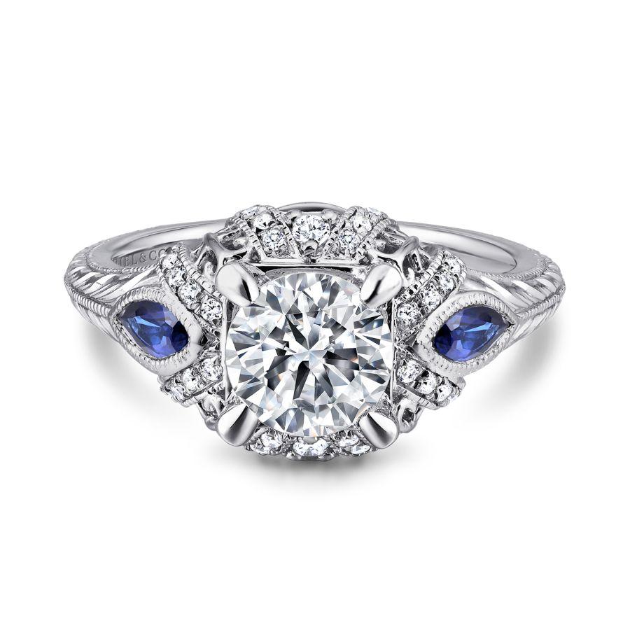 14k white gold round sapphire and diamond engagement ring
