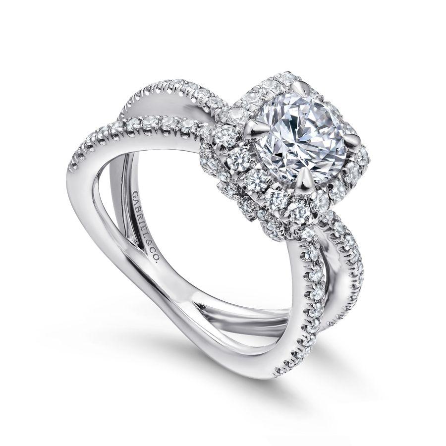 14k white gold cushion halo round diamond engagement ring