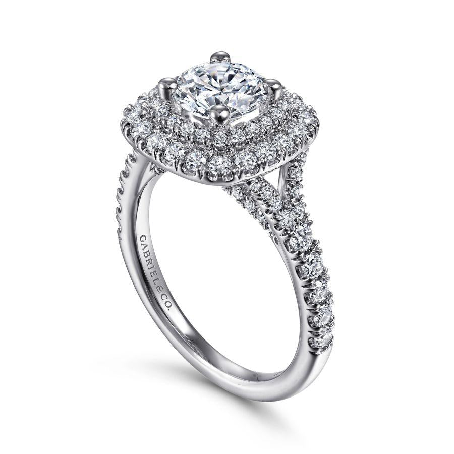 14k white gold cushion double halo round diamond engagement ring