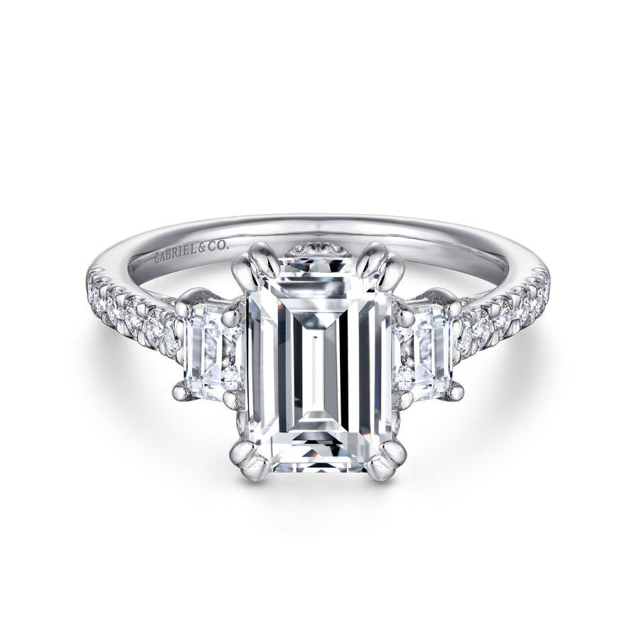 14k white gold emerald cut three stone diamond engagement ring