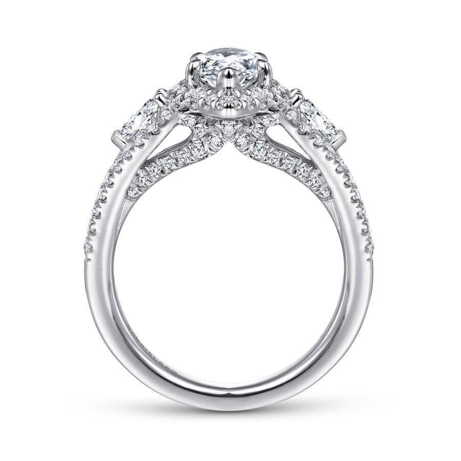 14k white gold pear shape three stone halo diamond engagement ring