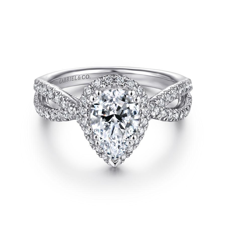 14k white gold pear shape halo diamond engagement ring