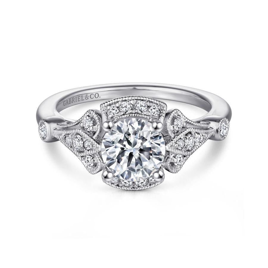 unique 14k white gold art deco halo diamond engagement ring