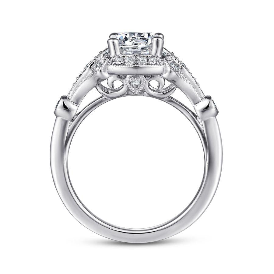 unique 14k white gold art deco halo diamond engagement ring