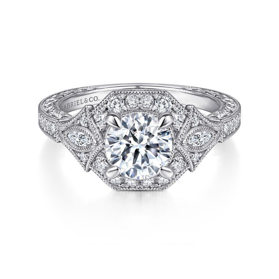 art deco 14k white gold round halo diamond engagement ring