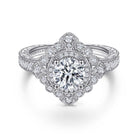 vintage inspired 14k white gold round double halo diamond engagement ring