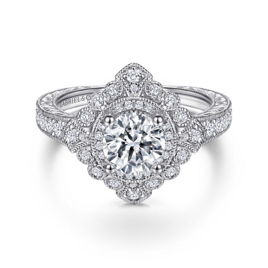 vintage inspired 14k white gold round double halo diamond engagement ring