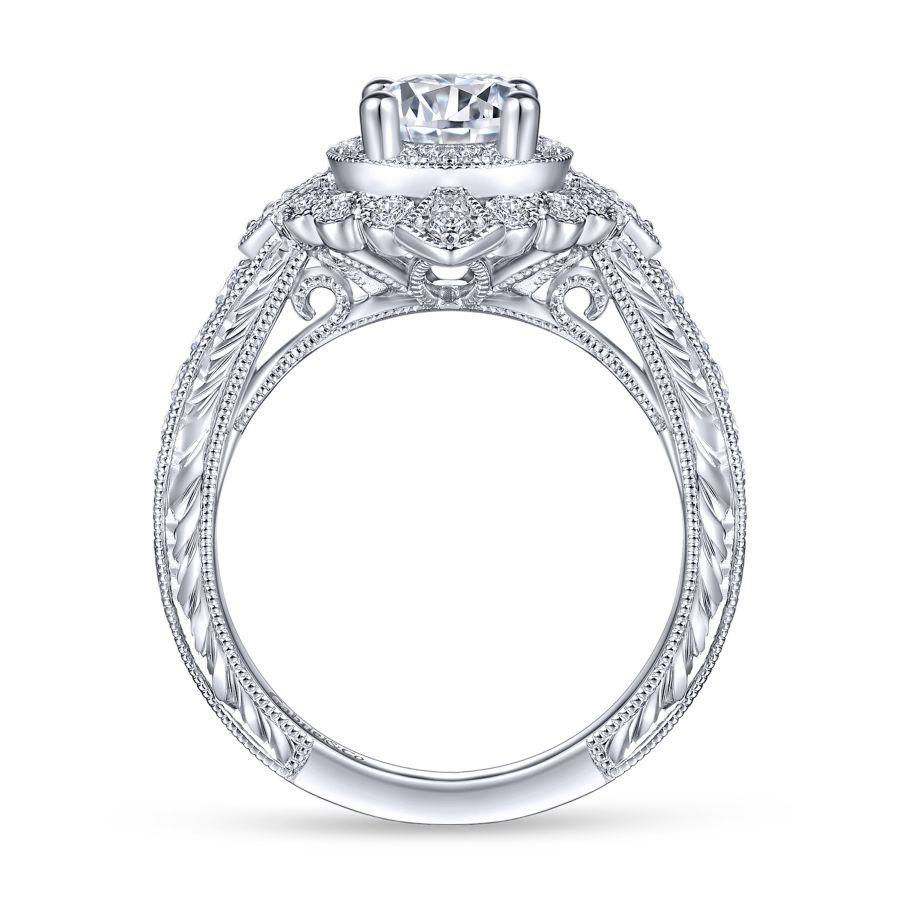 vintage inspired 14k white gold round double halo diamond engagement ring
