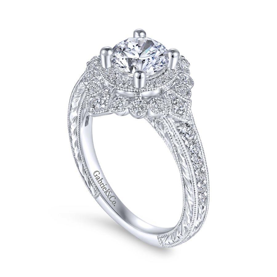 vintage inspired 14k white gold round double halo diamond engagement ring