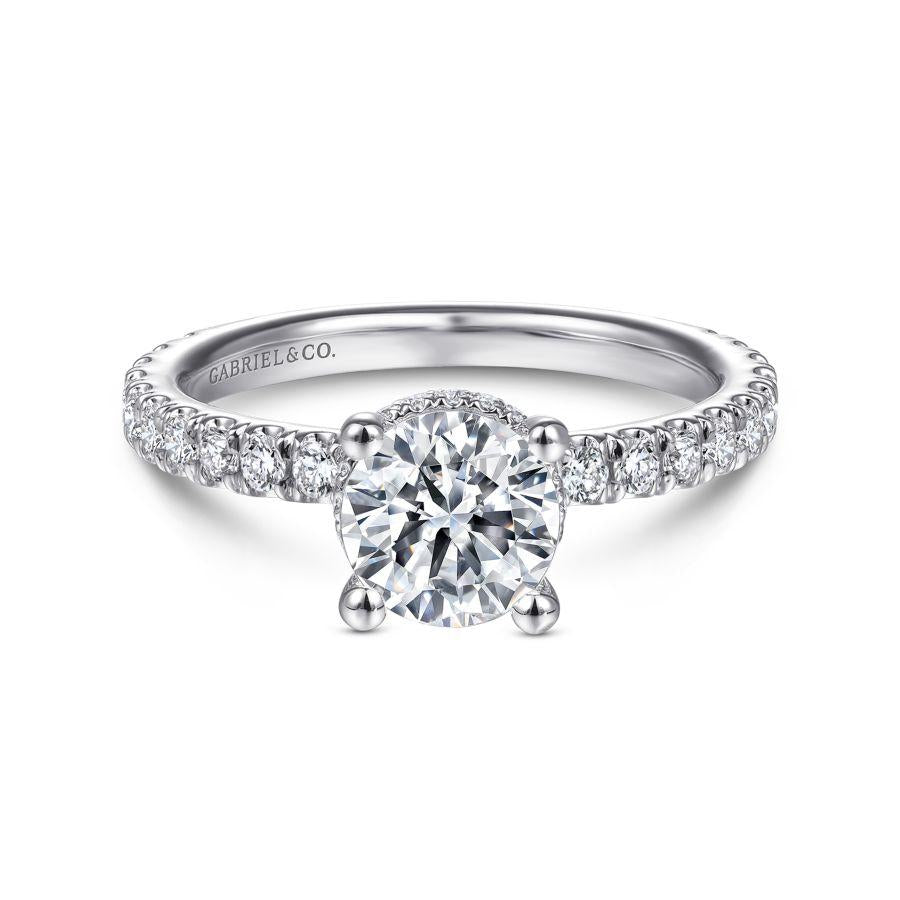14k white gold hidden halo round diamond engagement ring