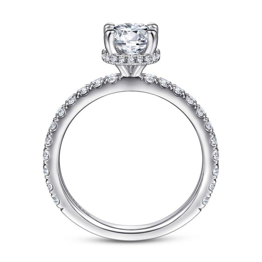 14k white gold hidden halo round diamond engagement ring