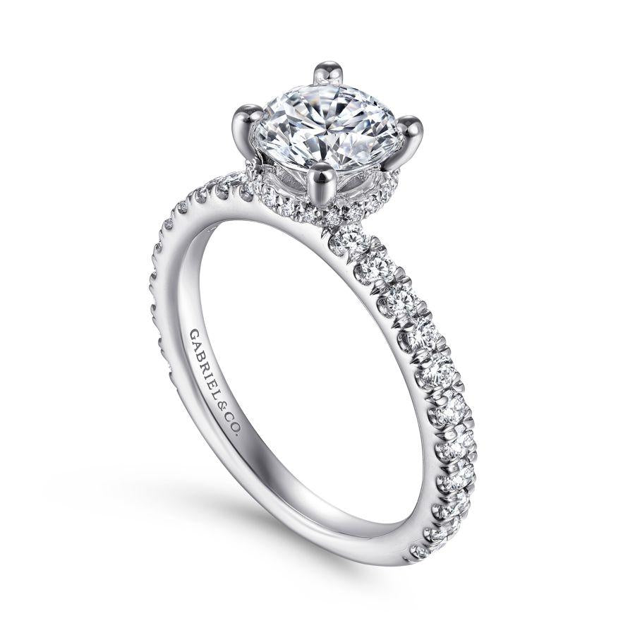 14k white gold hidden halo round diamond engagement ring