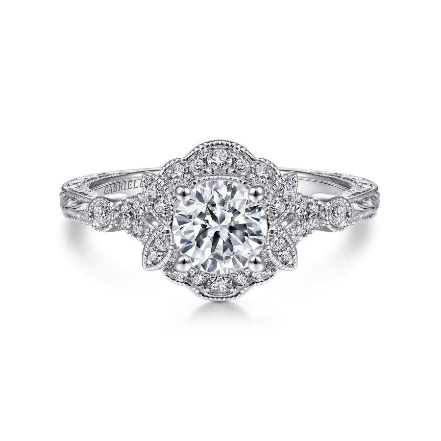 vintage inspired 14k white gold round halo diamond engagement ring