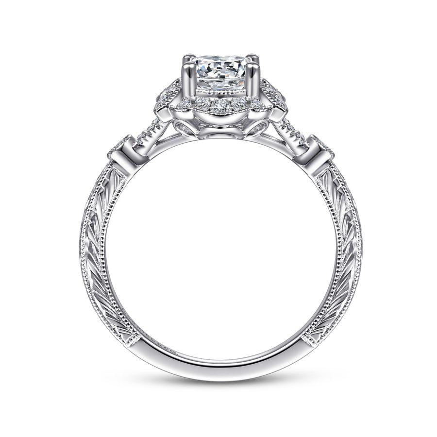 vintage inspired 14k white gold round halo diamond engagement ring