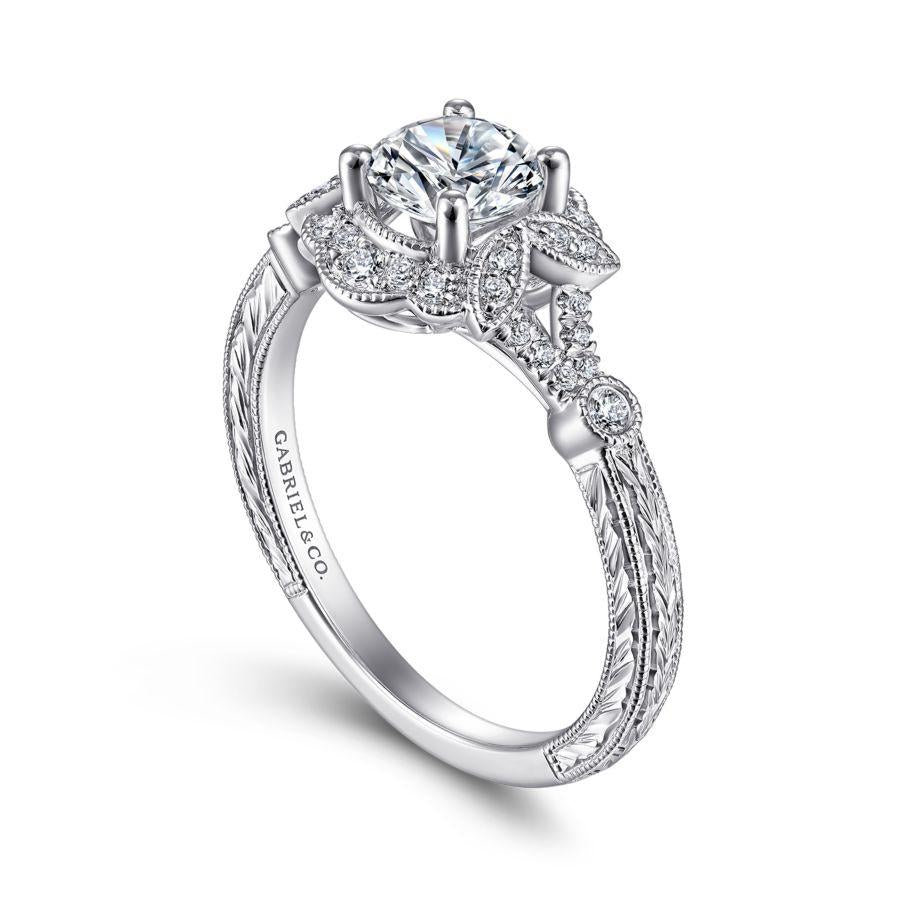 vintage inspired 14k white gold round halo diamond engagement ring