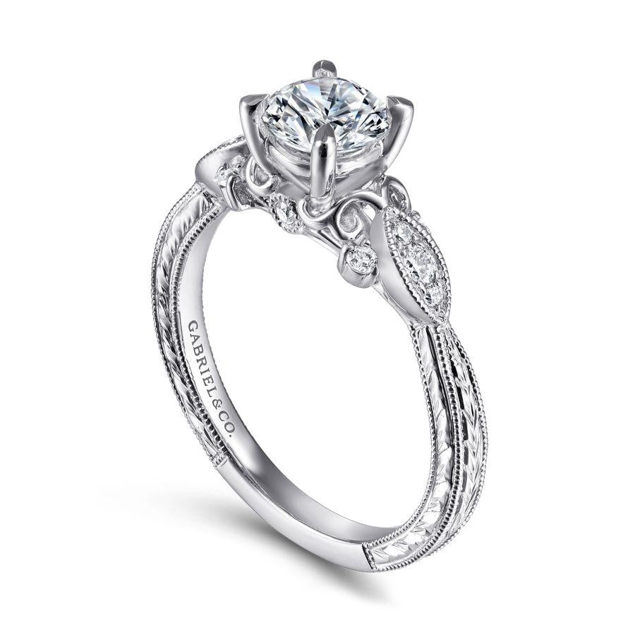 vintage inspired 14k white gold round diamond engagement ring
