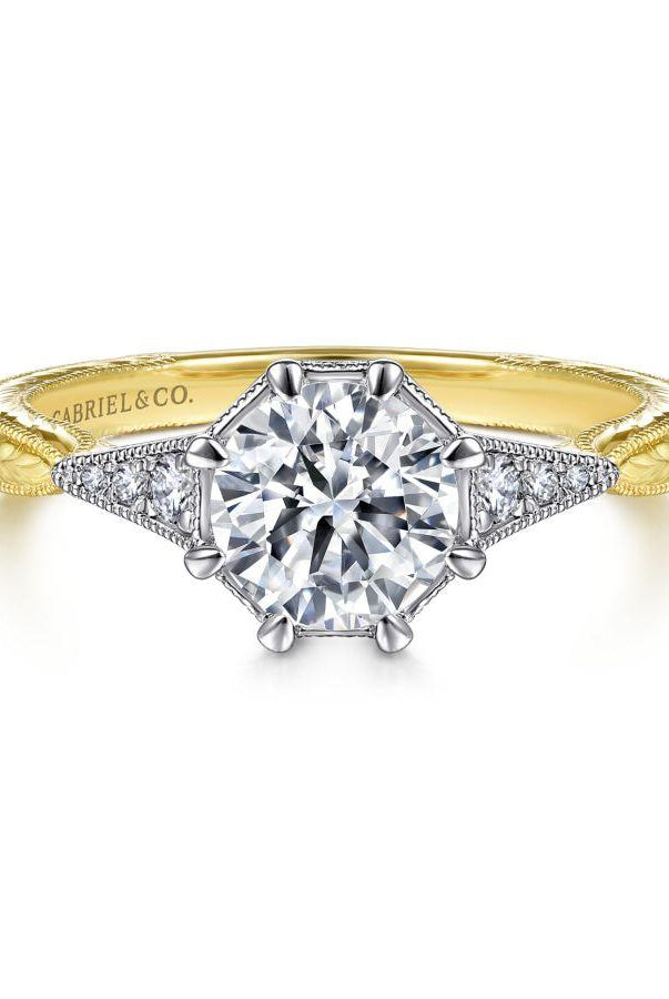 vintage inspired 14k white-yellow gold round diamond engagement ring