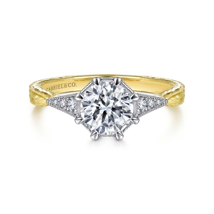 vintage inspired 14k white-yellow gold round diamond engagement ring