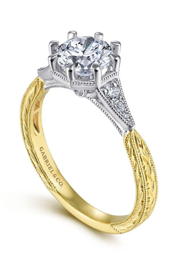 vintage inspired 14k white-yellow gold round diamond engagement ring
