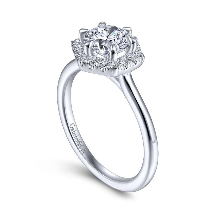 14k white gold hexagonal halo round diamond engagement ring