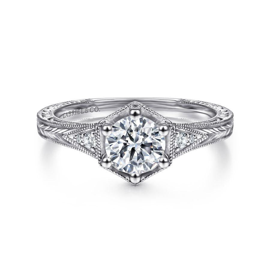 vintage inspired 14k white gold round diamond engagement ring