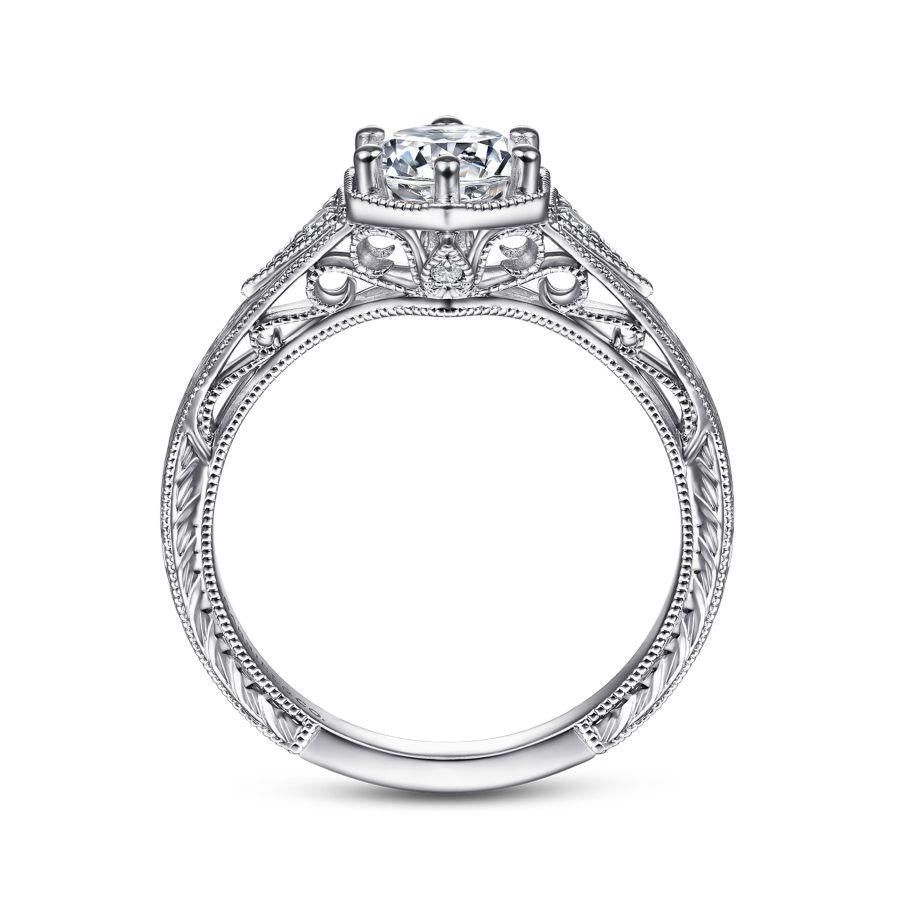 vintage inspired 14k white gold round diamond engagement ring
