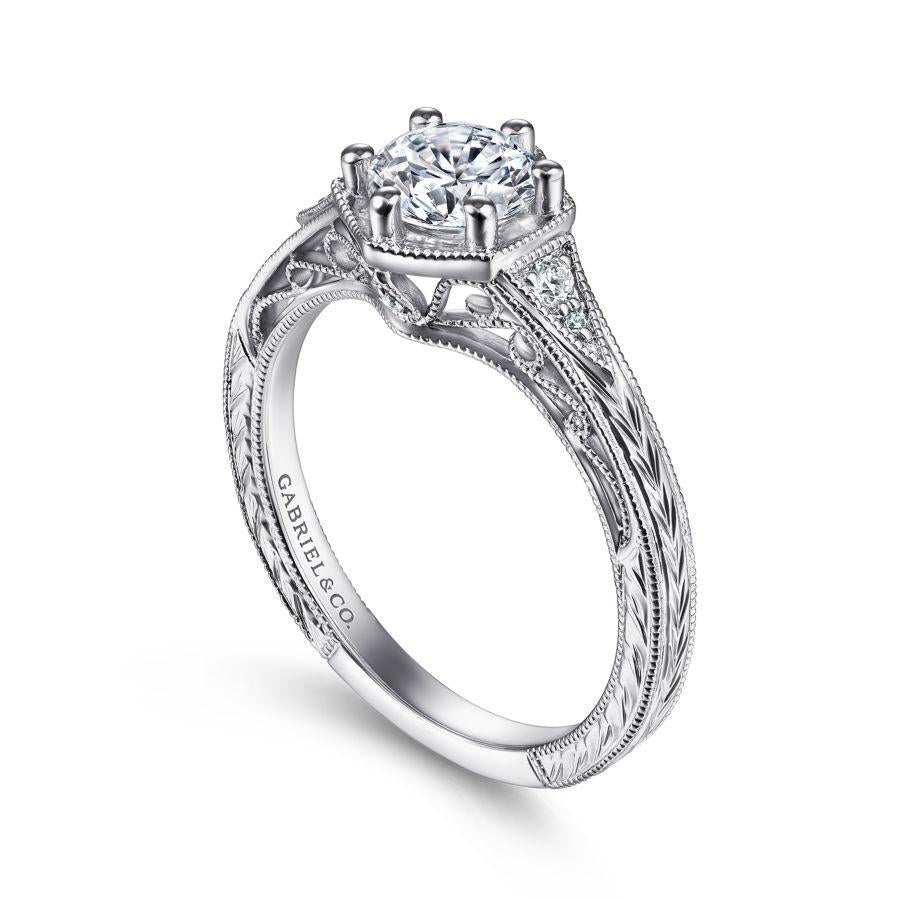 vintage inspired 14k white gold round diamond engagement ring