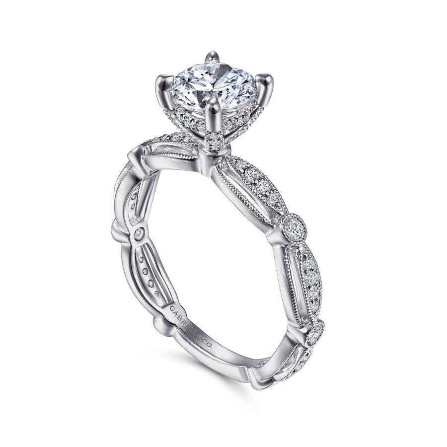 vintage inspired 14k white gold round diamond engagement ring