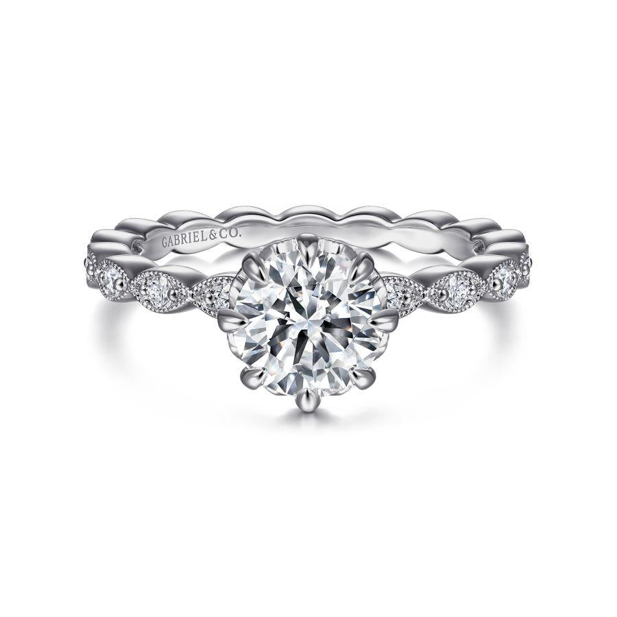 vintage inspired 14k white gold round diamond engagement ring