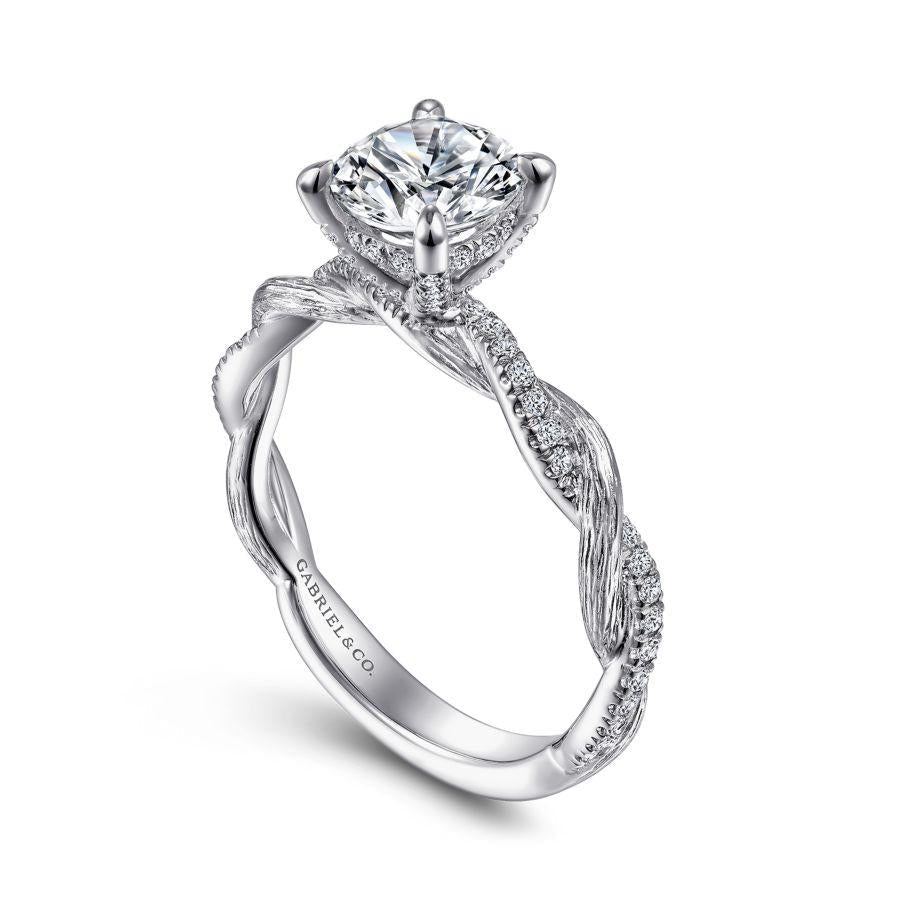 14k white gold twisted round diamond engagement ring