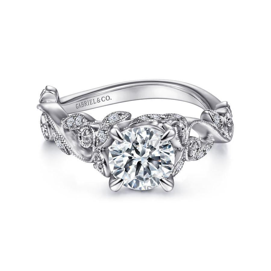 14k white gold floral round diamond engagement ring