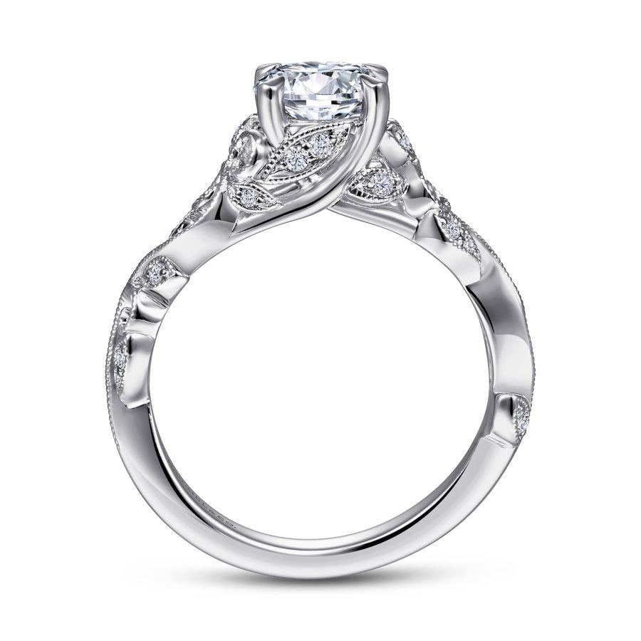 14k white gold floral round diamond engagement ring