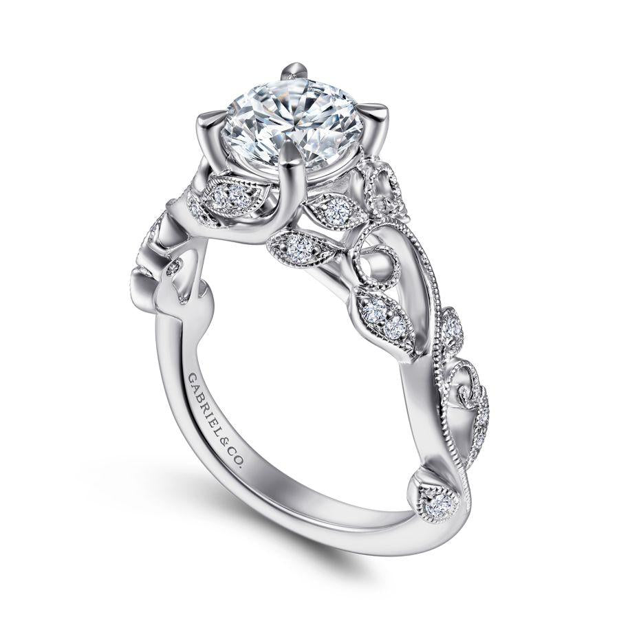14k white gold floral round diamond engagement ring