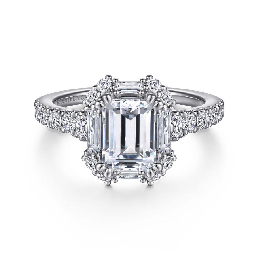 art deco 14k white gold halo emerald cut diamond engagement ring